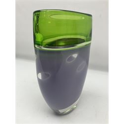 Stuart Akroyd glass vase, green banded top and opaque purple lower section with bubble inclusions, with sticker and engraved signature beneath, H25cm