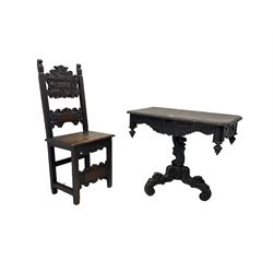 Late 19th century Gothic revival carved oak pedestal table, rectangular top with carved edges, apron carved with trailing foliate and scrolled decoration, heavily detailed column with scrolling decoration and floral carvings, the tripod base with cabriole supports carved with flowerheads (93cm x 53cm x 75cm; Late 19th century carved oak hall chair, panelled back rails with extending scroll decoration (51cm x 40cm x 116cm)