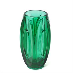 Four mid-century art glass examples, including a green 'Bullet Lens' vase designed by Rudolf Schrotter for Sklo Union, a Vicke Lindstrand for Orrefors ‘Polaris’ bowl, and two further pieces by Josef Hospodka for Chribska, max H23cm (4)