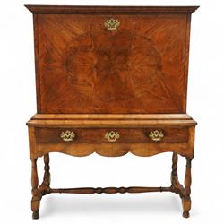 Early 18th-century George I walnut bureau cabinet on later stand, moulded rectangular corn...