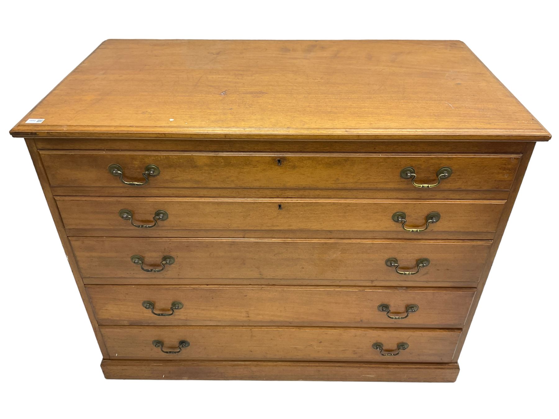20th century mahogany plan chest, moulded rectangular top over five graduating drawers, on moulded plinth base