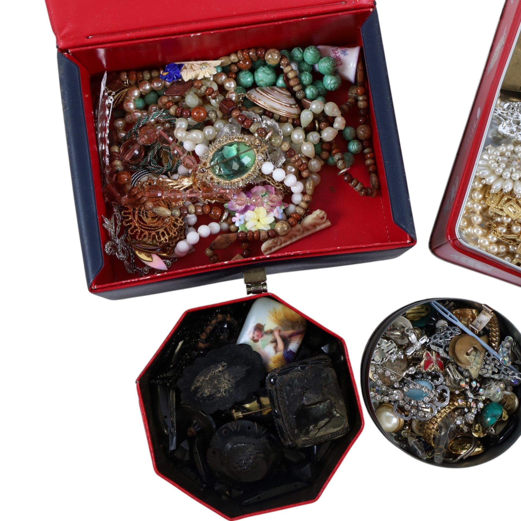Collection of costume jewellery, including earrings, beaded necklaces brooches, etc, in various vintage tins