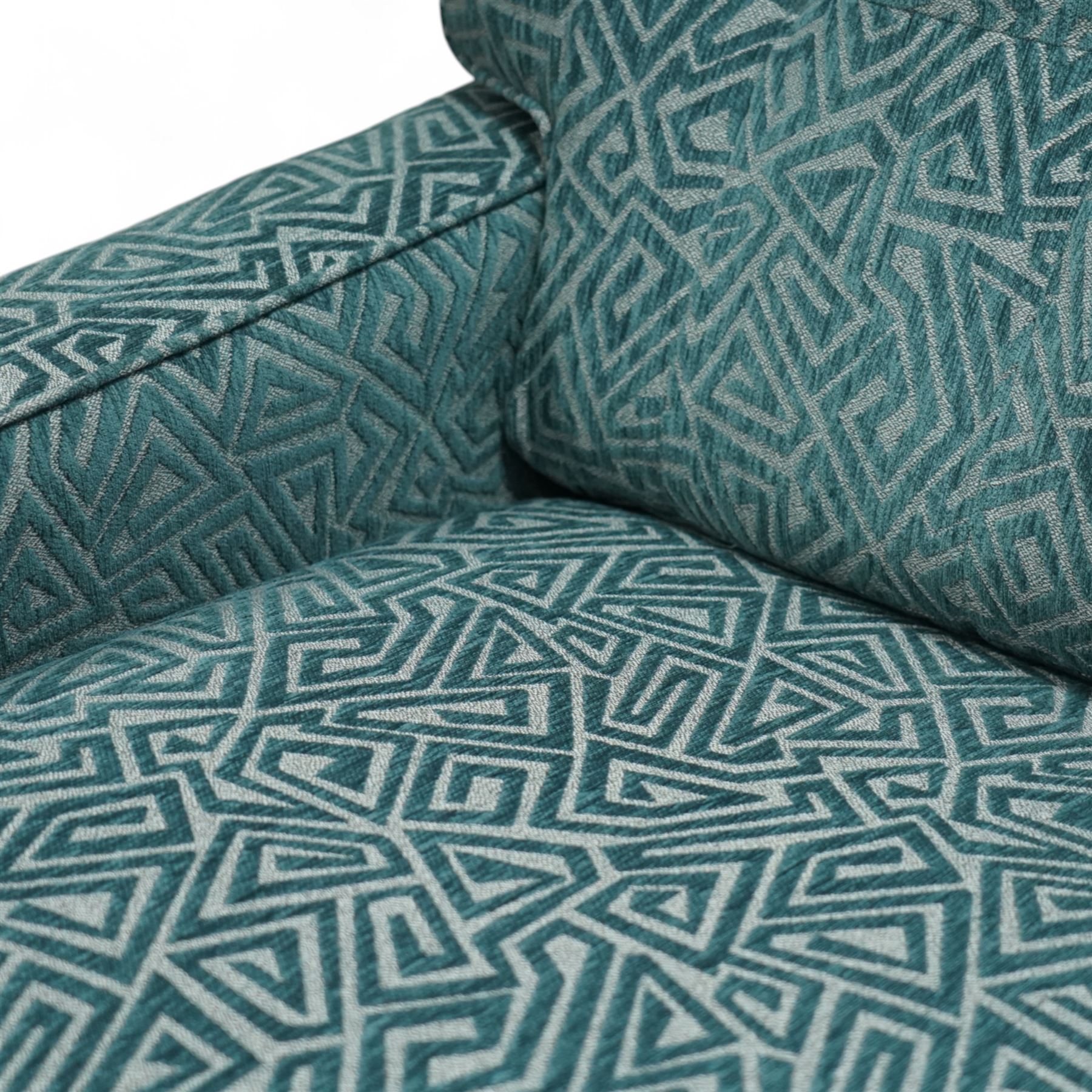 G-Plan Vintage - Contemporary unused Agatha 3 seater sofa, upholstered in G insignia fabric cushion seat and back cushion, rectangular side frame and matching fabric footstool, and additional unused seat cushion