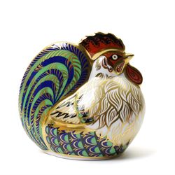 Royal Crown Derby paperweights, comprising Bluebird, Partridge, and Farmyard Cockerel, with gold stoppers, boxed (3)