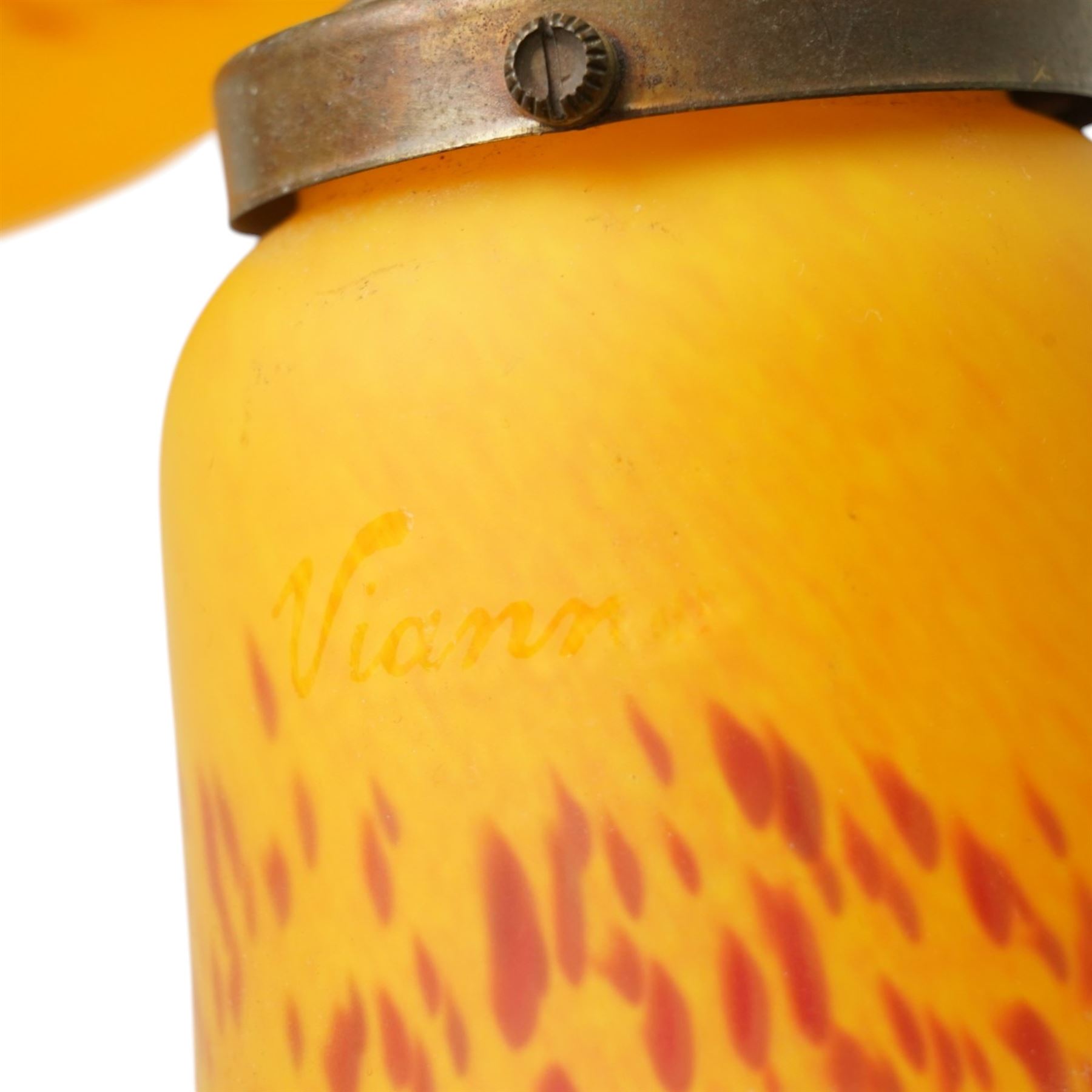 French Art Deco period Vianne glass three branch ceiling light fitting in mottled yellow, signed D35cm