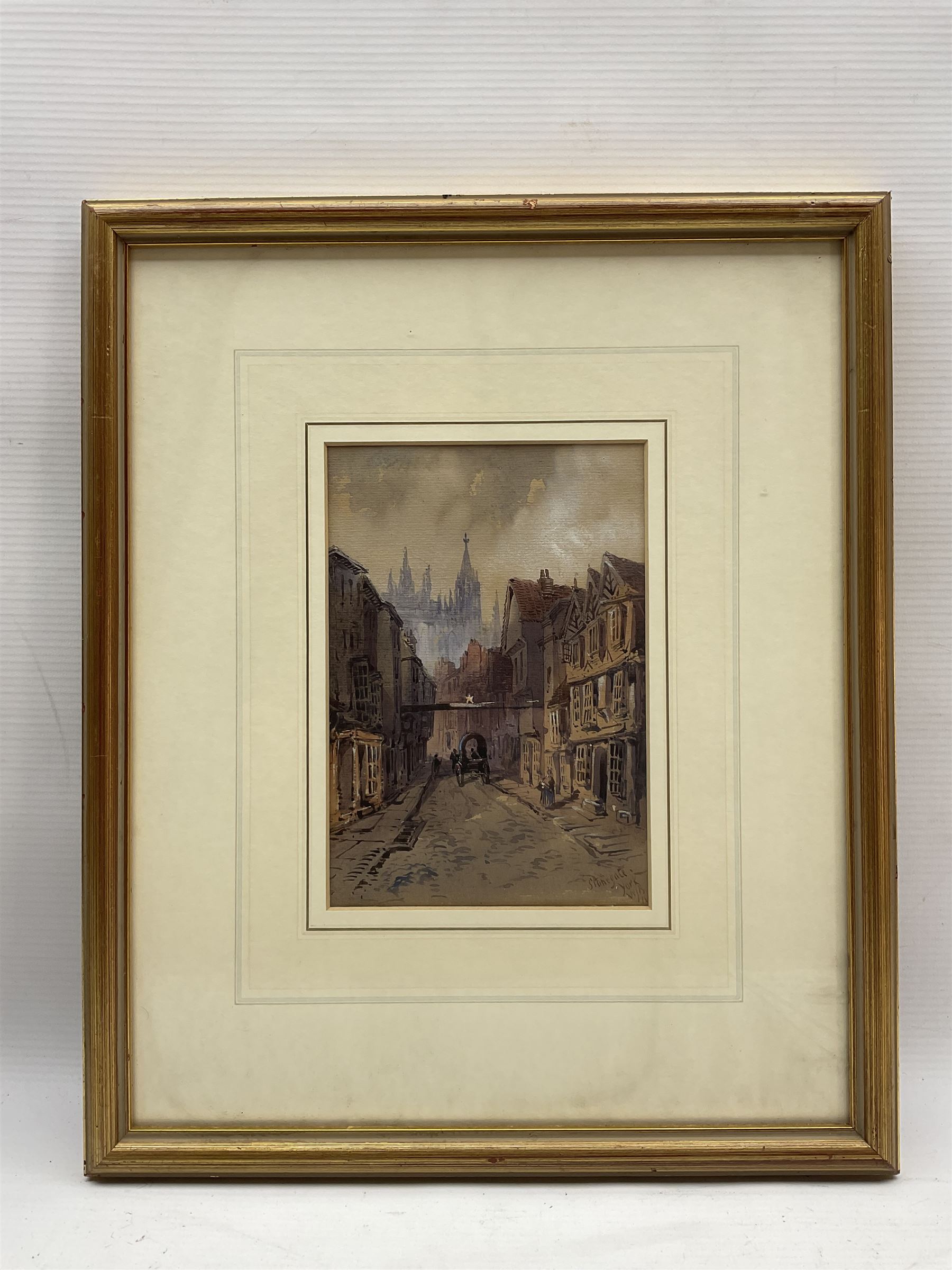 William James Boddy (British 1831-1911): 'Stonegate - York', watercolour signed with initials, titled and dated 186*, with Gallery Six and Walker Galleries labels verso18cm x 13cm 