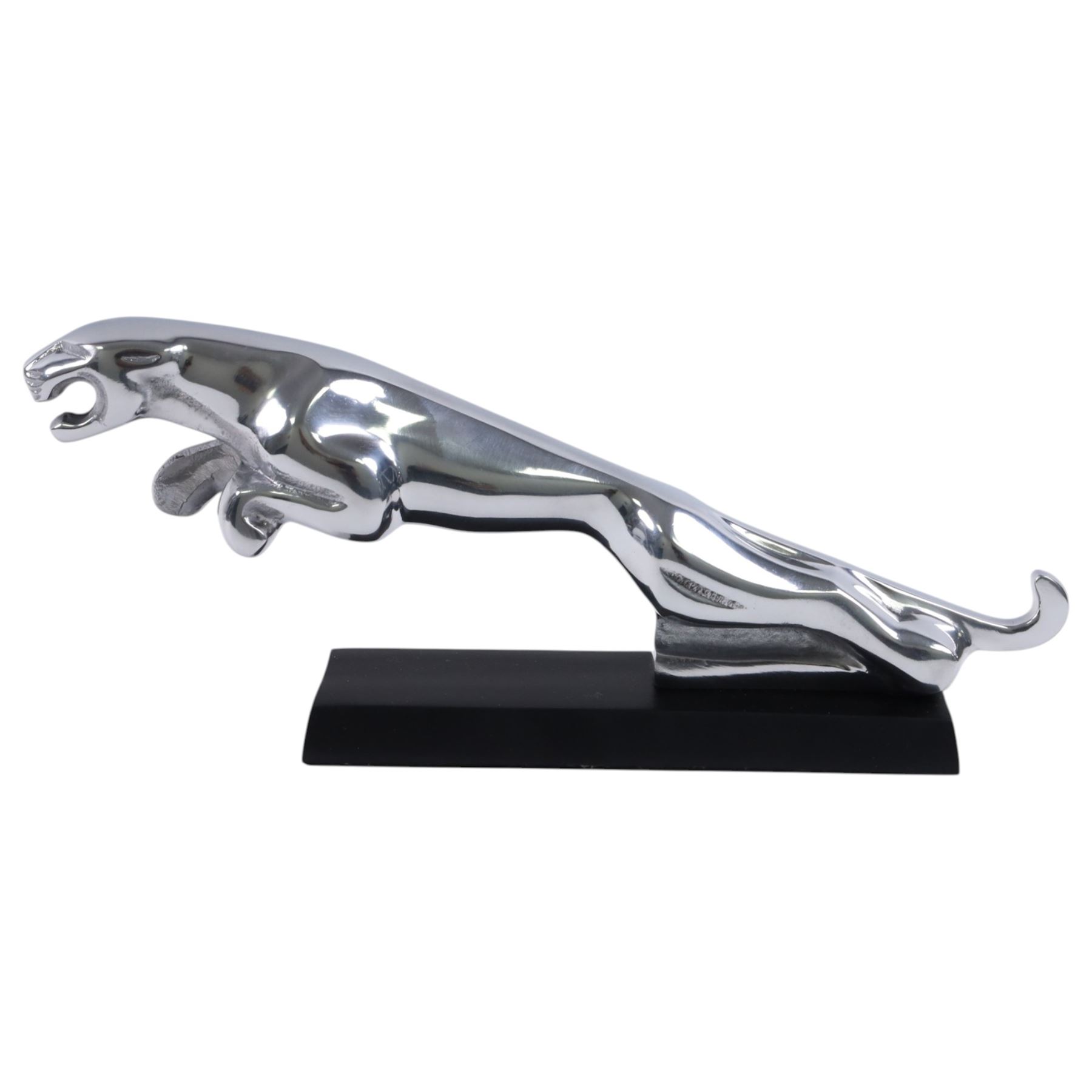 Reproduction chrome plate Jaguar car mascot upon a rectangular stand, L30cm
