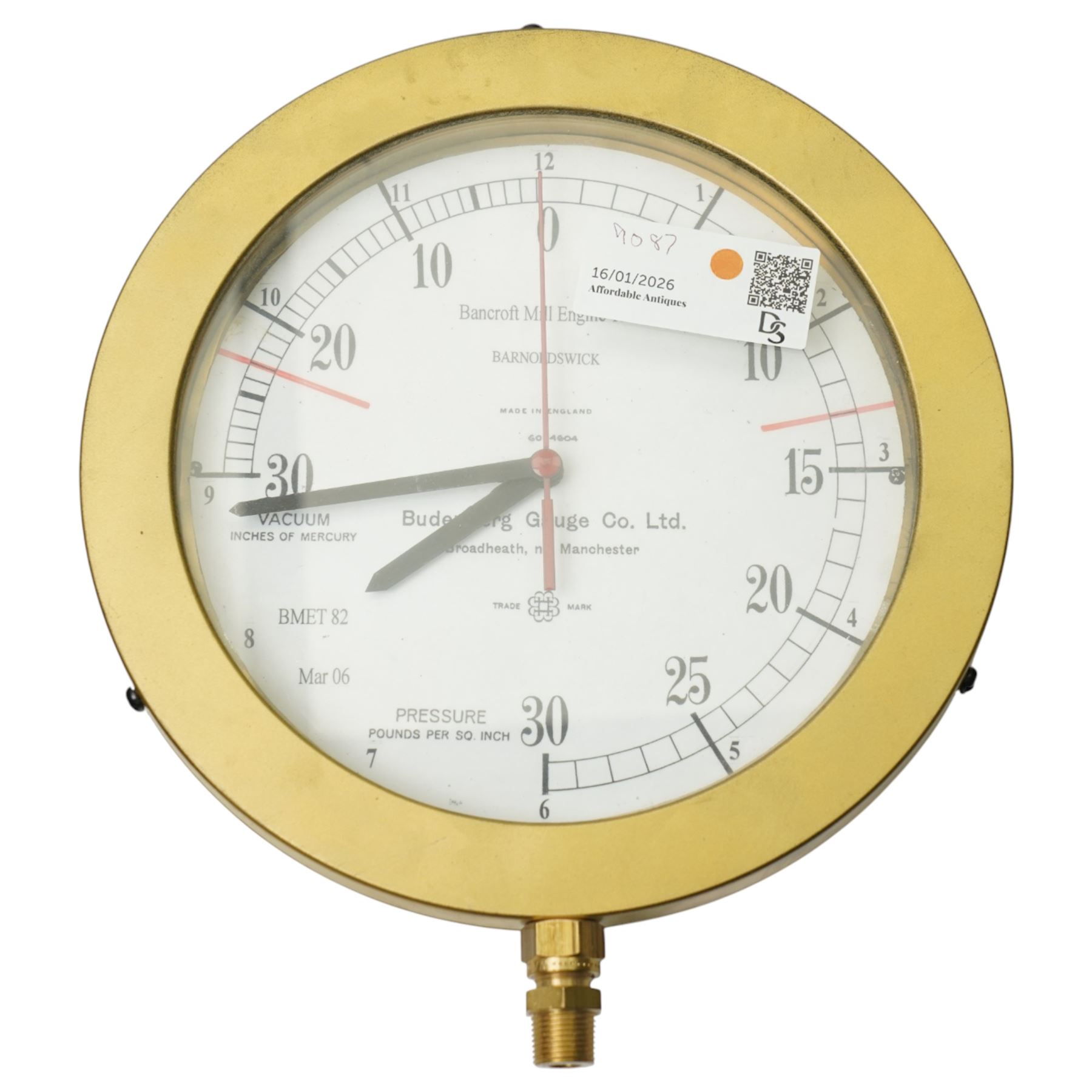 American-early 20th century drop dial wall clock with a 20th century quartz wall clock and small aneroid barometer.  