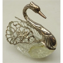  20th century cut glass bon bon dish in the form of a swan with pierced and embossed silver wings, stamped 925 with import marks, L13.5cm   