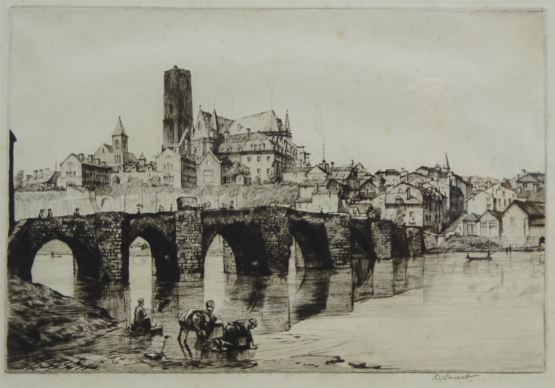 Douglas Ian Smart (British 1879-1970): 'Limoges', drypoint etching signed in pencil, titled verso on gallery label; Romain Malfliet (Belgian 1910-2006): Busy Continental River, etching signed titled and numbered 43/100 in pencil; and a further Scottish coastal etching signed Walter Towers, max 24cm x 68cm (3)