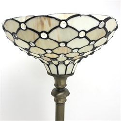 Bronzed metal uplighter, Tiffany style leaded glass shade, H160cm