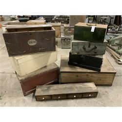 19th century metal bound pine box, five wooden boxes, tin box and vintage drawers - THIS LOT IS TO BE COLLECTED BY APPOINTMENT FROM THE OLD BUFFER DEPOT, MELBOURNE PLACE, SOWERBY, THIRSK, YO7 1QY