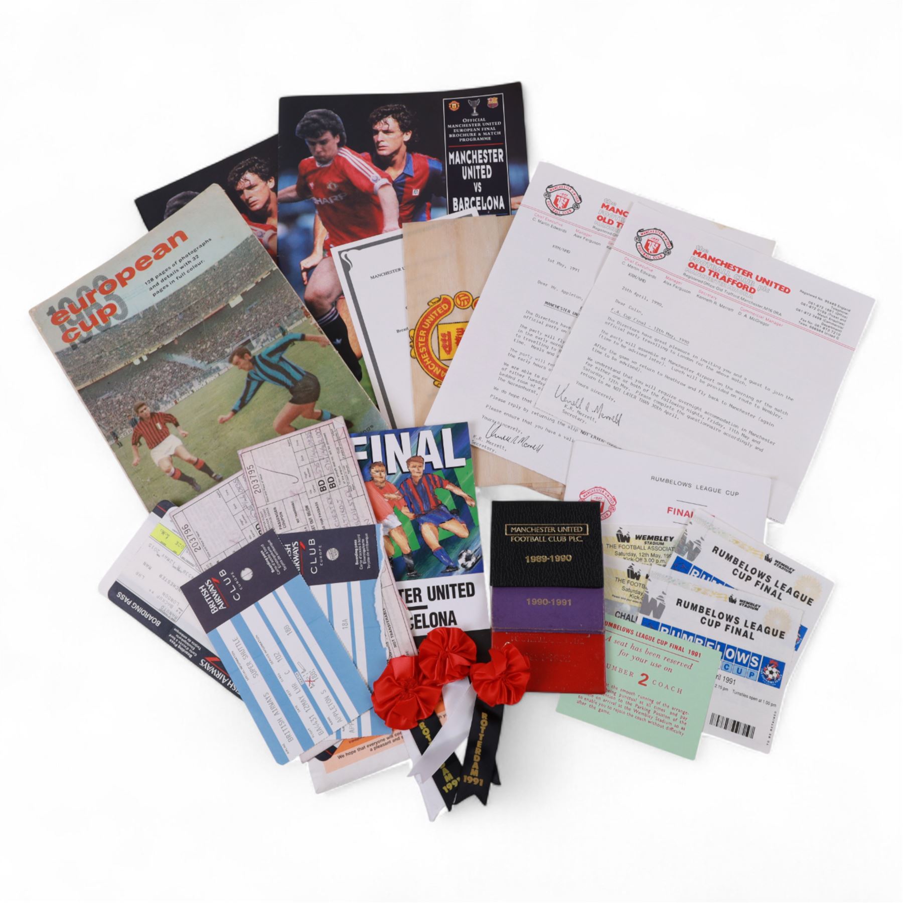 Manchester United football memorabilia relating to Colin Appleton, former Leicester City captain and Scarborough FC manager, including two letters from Manchester United club secretary Ken Merrett inviting Colin to join the official party for the European Cup Winners Cup Final between Manchester United and Barcelona, Rotterdam 1991 and the FA Cup Final 1990, two programmes for the above European cup match and three Rotterdam rosettes, ticket stubs for the 1991 Rumbelows League Cup finals and an Official Staff Party itinerary for this match, Challenge Cup Final Tie 1990 ticket stubs, three representative passes, boarding passes and plane tickets