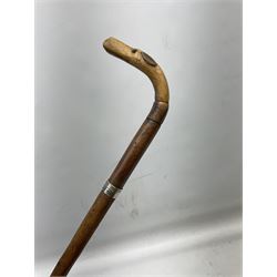 Walking stick with carved wooden handle modelled as the head of a hound with inset glass eyes, upon a silver collar hallmarked Birmingham 1936, L 90cms
