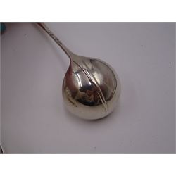 Collection of six Victorian silver sauce/toddy ladles, to include Hanoverian pattern ladle, with rattail bowl and curved handle,  hallmarked Henry Holland, London 1879, pair of Fiddle pattern sauce ladles, each with engraved initial to terminal, hallmarked William Robert Smily, London 1848 and a Queens pattern sauce ladle, hallmarked Samuel Hayne & Dudley Cater, London 1845 etc