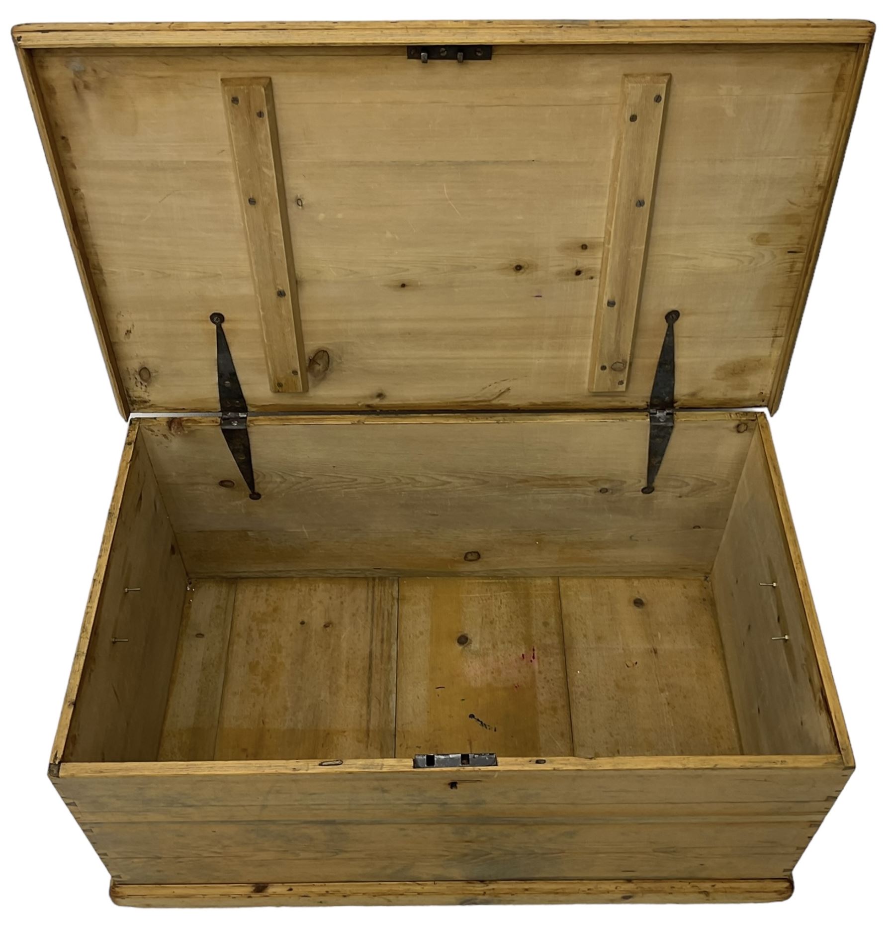 Victorian pine blanket box, hinged lid, fitted with carrying handles, on castors