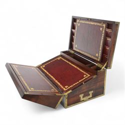 19th century brass bound mahogany writing slope with twin drop carry handles to sides, the hinged cover opening to reveal a  gilt tooled burgundy leather slope and compartmented interior, H22xm W50.5cm D30cm