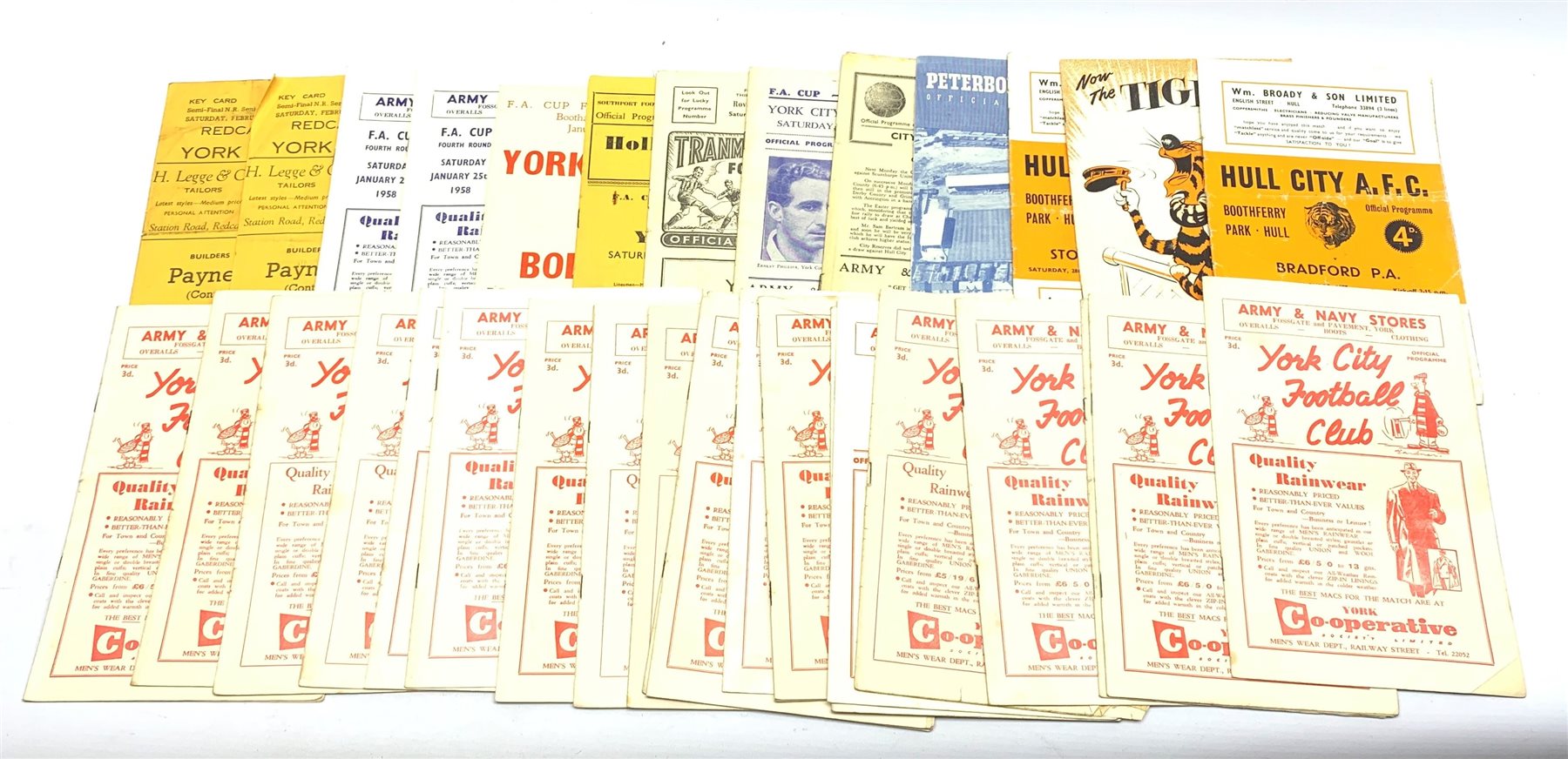  1950s York City Football programmes - thirty programmes including 28/1/56 F.A.Cup 4th Round v Sunderland, 25/1/58 F.A.Cup 4th Round v Bolton (3), away games 22/12/56 Tranmere and 17/11/56 Southport, two-match programme 30&31/3/56 Hull and Chesterfield, two Reserves games etc together with four Hull City A.F.C. (32)  