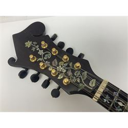 Eastern eight-string F-hole mandolin with blue sunburst finish and mother-of-pearl inlay of flowers and birds L69cm