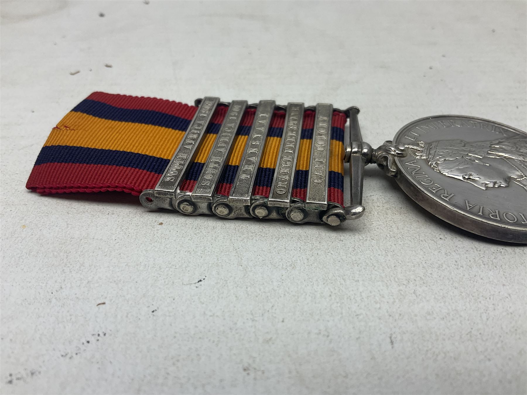Queens South Africa medal with five clasps for South Africa 1902/1901, Transvaal, Orange Free State and Cape Colony awarded to 29549 Pte. G.F. Deans 101st Coy. Imp. Yeo. with ribbon