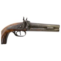 19th century double-barrelled percussion pistol, the octagonal, over and under, barrels with remains of the signature 