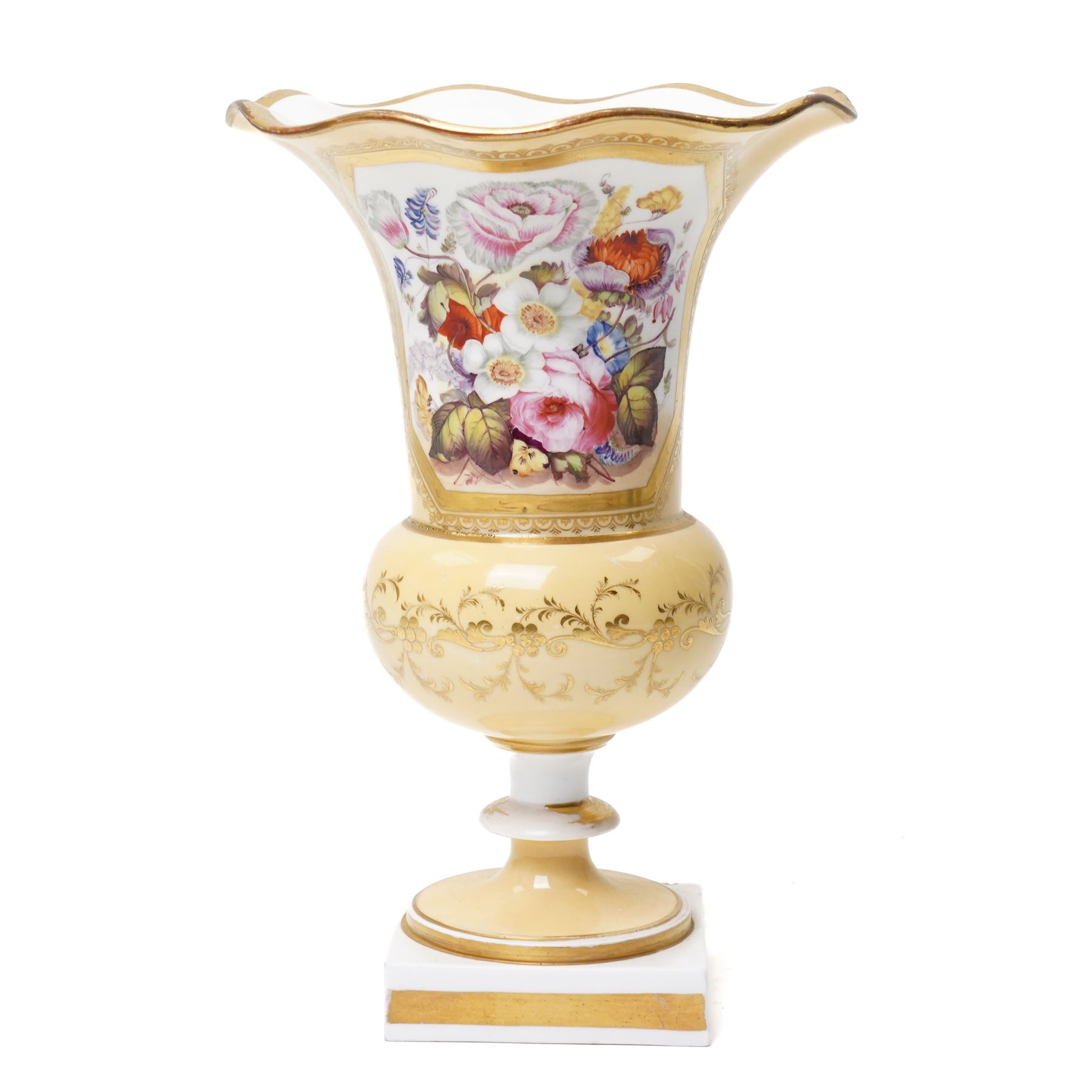 Large 19th vase with painted panel of flowers on a cream ground, in the manner of Coalport but unmarked, H27cm 
