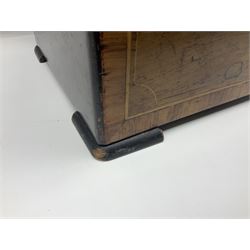 Large late 19th century Swiss bells-in-sight musical box with 27.5cm cylinder playing eight airs on a 27cm two-piece comb with seventy-seven teeth and six graduated engraved saucer bells with strike/silent facility; in crossbanded rosewood and ebonised case, the front and hinged lid inlaid with musical trophies, opening to reveal a song card under the lid and hinged glazed cover to the movement; serial no.7539 L53cm