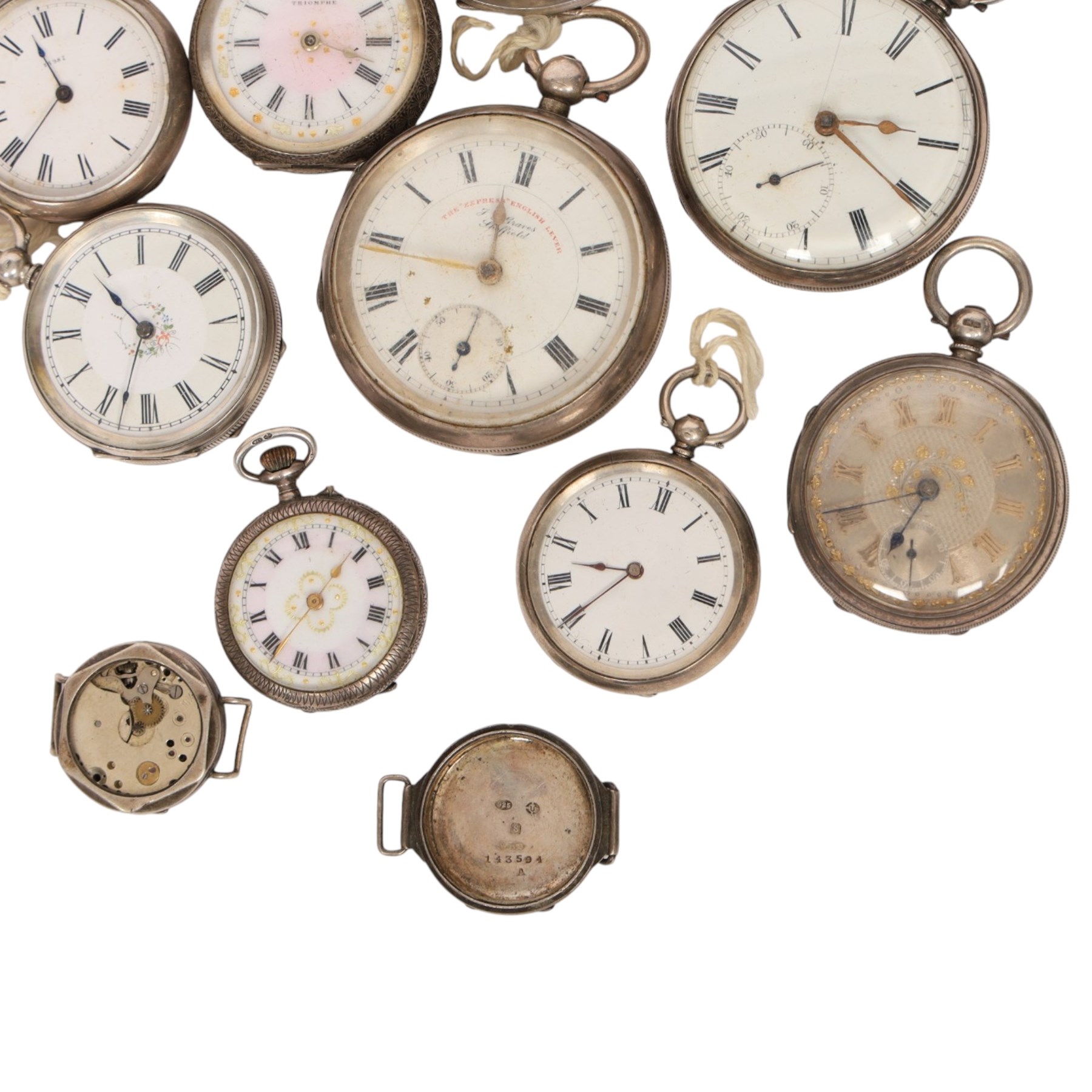 Collection of silver lever and cylinder pocket watches and wristwatches, hallmarked or stamped Fine Silver