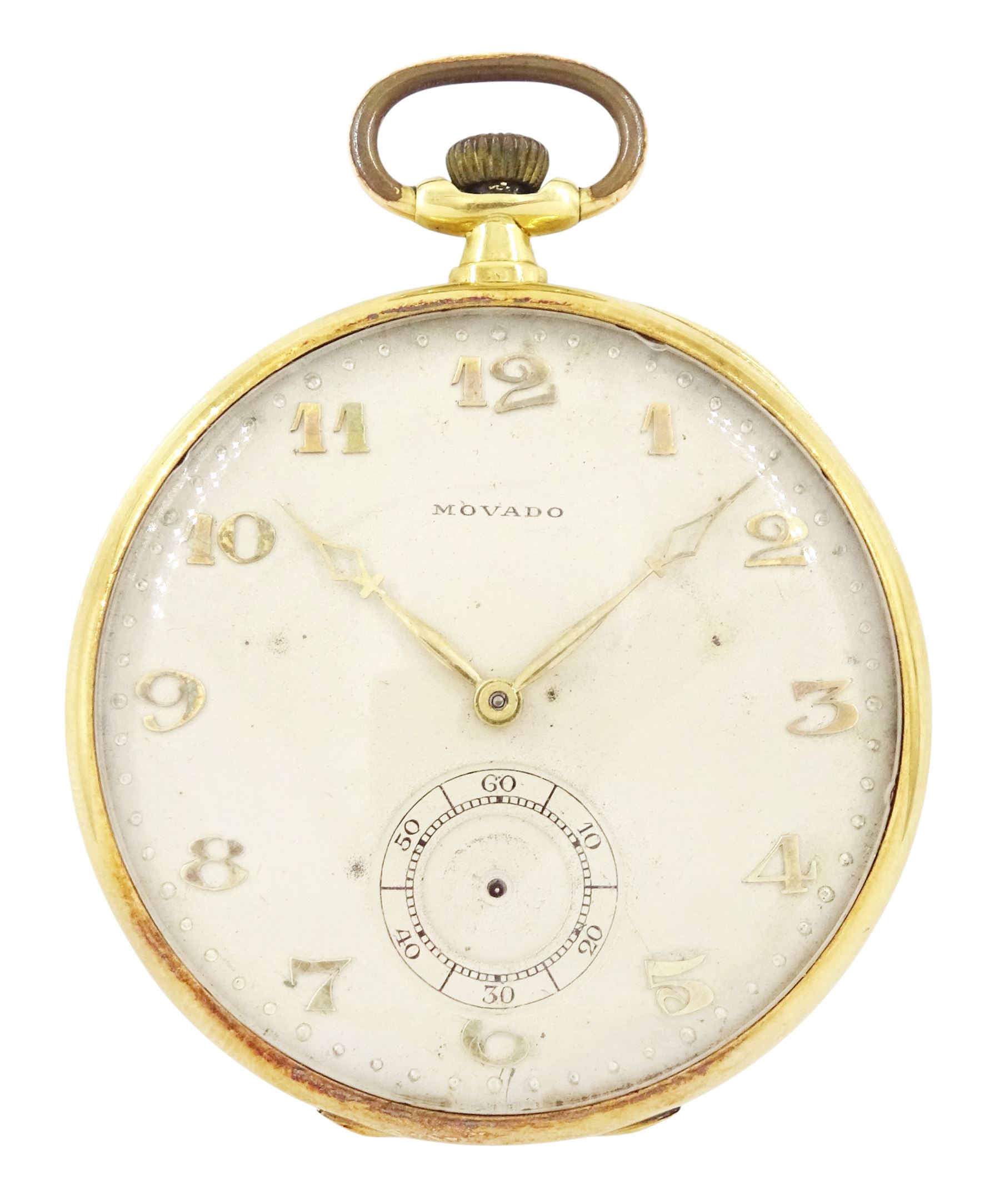 Early 20th century 18ct gold open face Swiss lever pocket watch by Movado, cream dial with Arabic hour markers and subsidiary seconds dial, case with engine turned decoration, stamped 750 with Helvetia hallmark