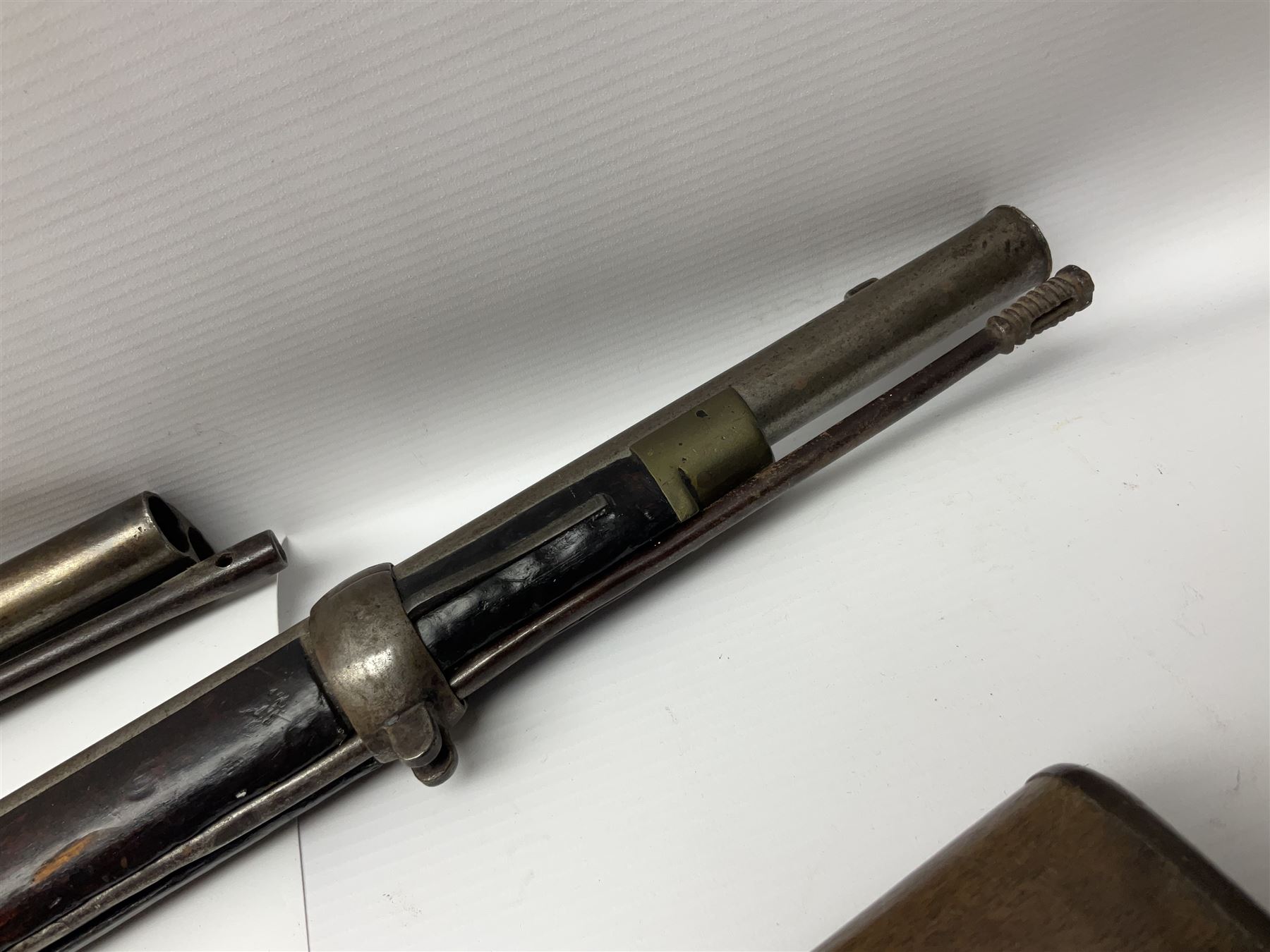 19th century Indian .577 Enfield muzzle loading rifle, proofed for 26-bore, the 98.5cm barrel with three barrel bands and later ram rod L140cm overall; 19th century Belgian side-by-side double barrel percussion shotgun, approximately 20-bore, with 74cm barrels and studded walnut stock, lock plate marked 'Liege 1868' and 'V. Gulikers-Maquinay' L117cm overall; and another side-by-side double barrel shotgun by Smythe with underlever opening (3)