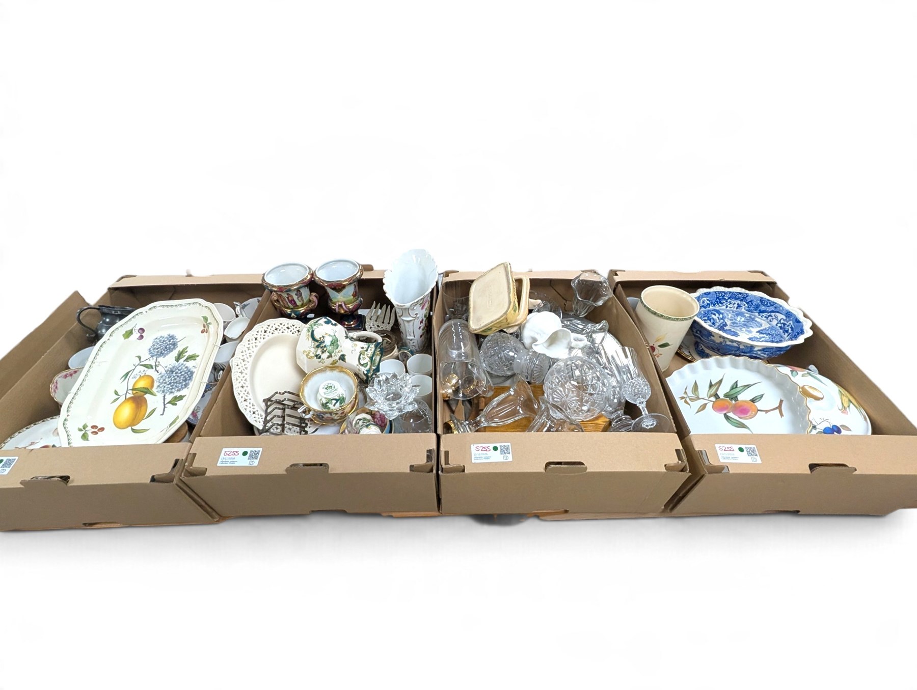 Copeland Spode Italian pattern footed bowl, Masons Chartreuse pattern ceramics, cut glass, Royal Worcester Evesham etc, in four boxes