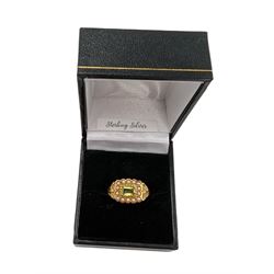 Silver-gilt peridot and pearl ring, stamped Sil, boxed 