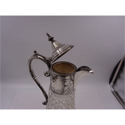 Modern silver mounted glass claret jug, with capped C scroll handle, engraved collar and urn finial to cover, hallmarked Charles S Green & Co Ltd, Birmingham 1973, H32.4cm