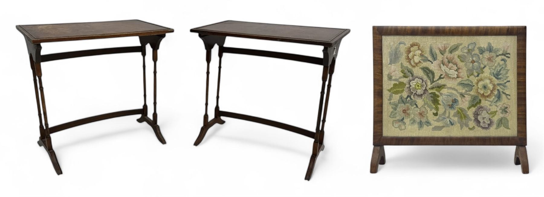 Pair of early 20th century mahogany side tables, each with rectangular tops, raised on turned supports joined by curved stretchers, terminating in splayed feet; mahogany fire screen, rectangular frame housing needlepoint floral panel, on shaped supports (3)