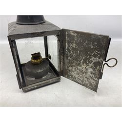 Railway interest - Lamp Manufacturing & Railway Supplies Ltd  Welch patent BR(E) lamp (M), with hinged copper upper section and hinged side door with maker's label, on square base H24cm; and another railway inspection type lamp (2)