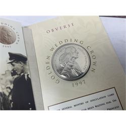 Eleven Queen Elizabeth II cupronickel five pound coins, in card folders or on cards