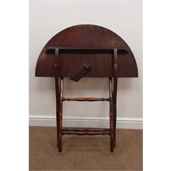  Late 19th century circular mahogany coaching table, shaped supports, turned stretchers,   