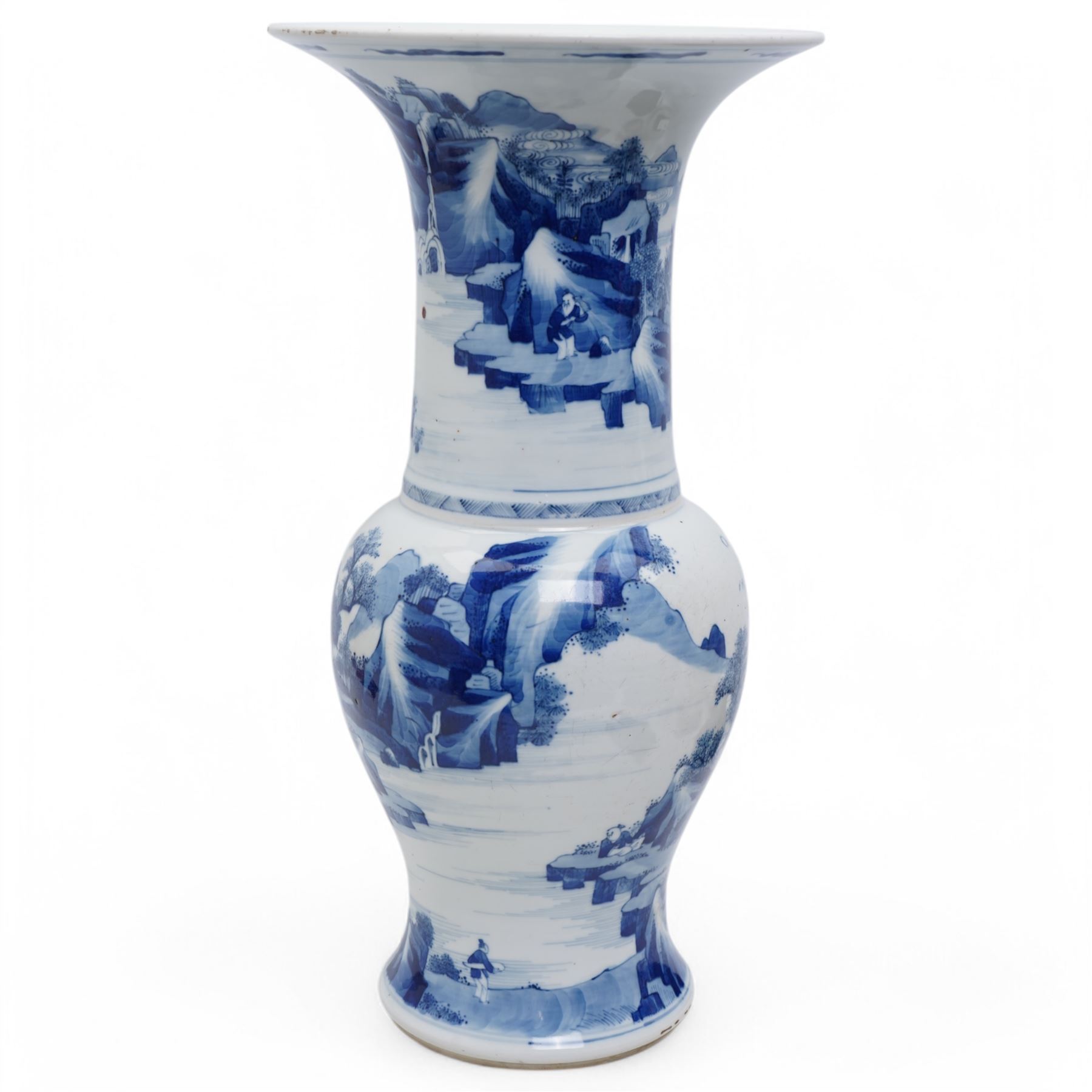 Qing Dynasty Yen Yen blue and white vase in the Kangxi style decorated with a lake landscape surrounded by rocky cliffs, figures in a boat and on the shore H45cm 