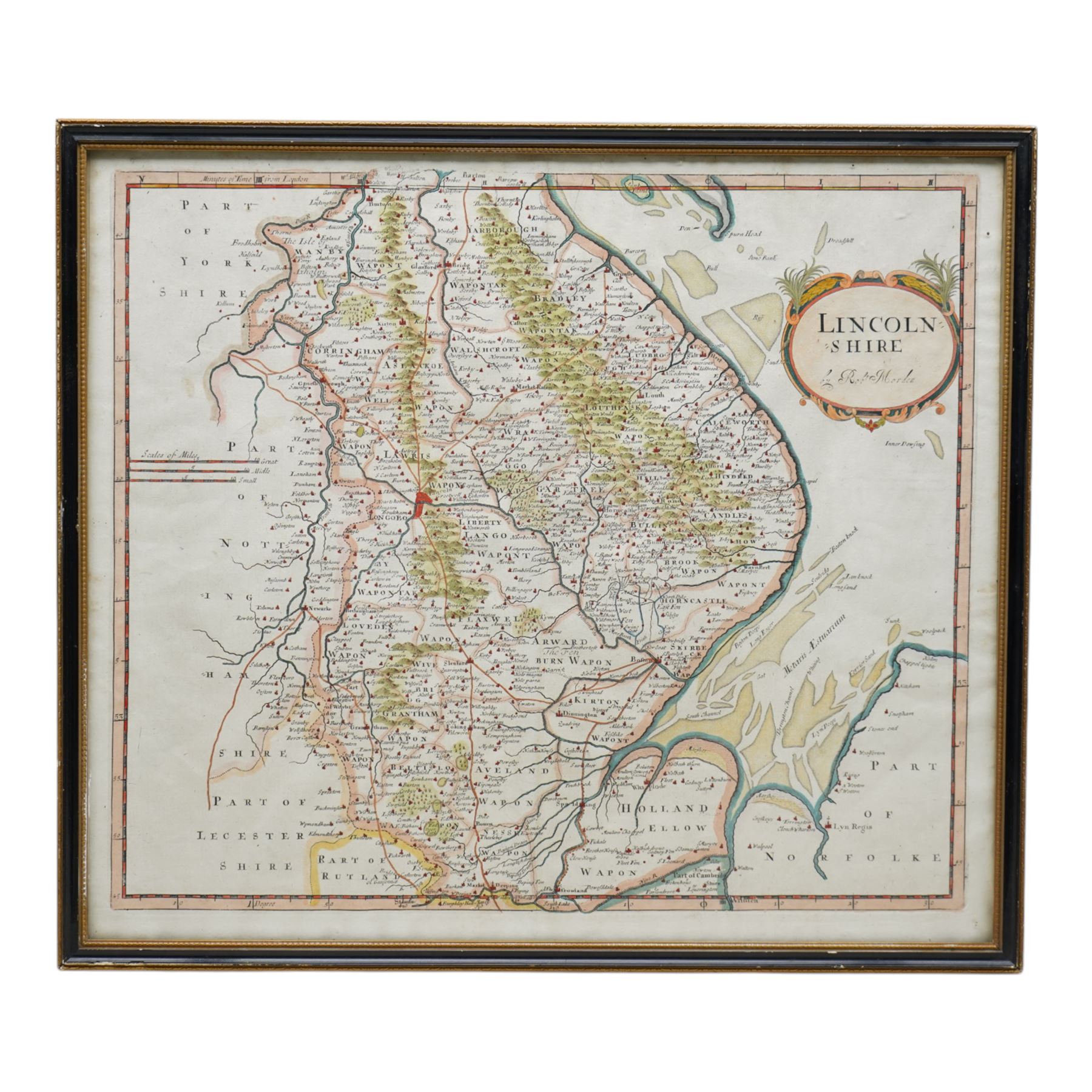 Robert Morden (British c.1650-1703): 'Lincolnshire', 17th/18th century engraved map with hand-colouring 38cm x 43cm