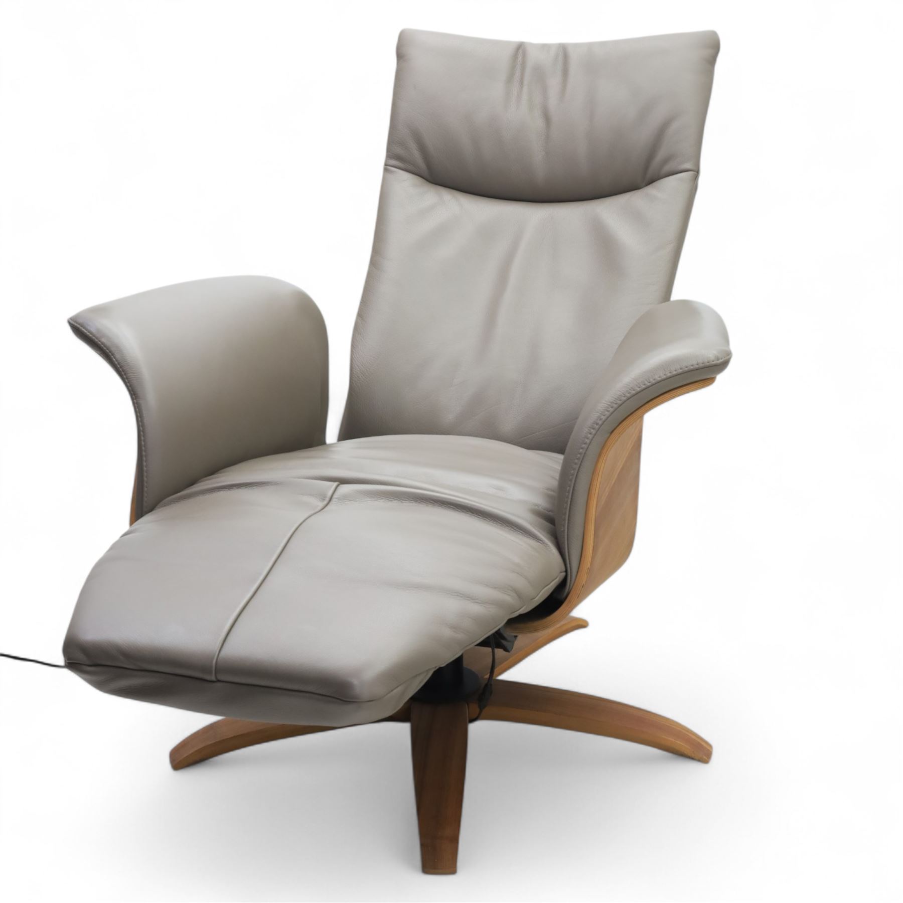Hjort Knudsen - Danish electric reclining and swivel armchair upholstered in pewter leather, raised on a plywood frame above a five point base