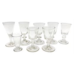 Group of 18th and 19th century drinking glasses, comprising mostly dram glasses, a number of examples with bucket bowls and knopped stems, three with folded feet, largest example H10.5cm