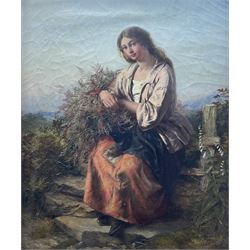 Edward John Cobbett (British 1815-1899): Young Woman Gathering Heather, oil on canvas signed 60cm x 50cm