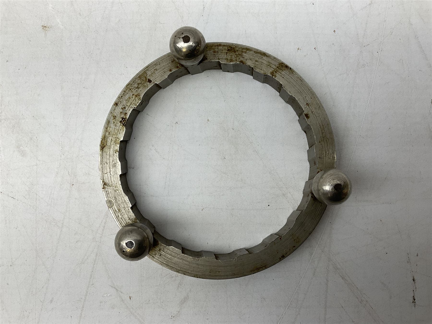 WW1 Trench Art - trivet on three ball feet formed from a section of a gun barrel inscribed 'Part of 18Pr Field Gun, as used in European War 1914.15.16.17.18.' D10cm