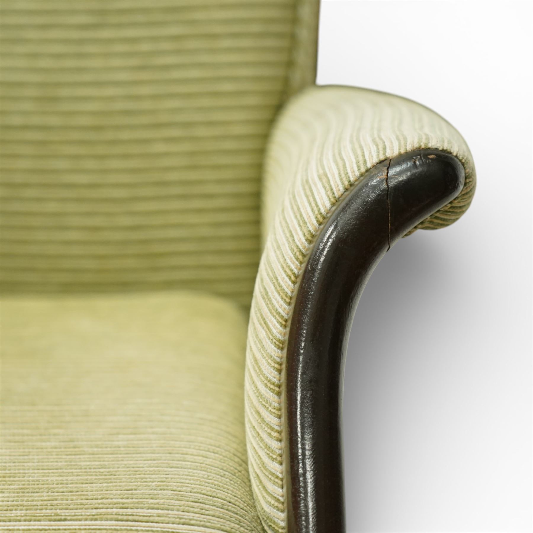 Parker Knoll - ‘Froxfield’ armchair, with upholstered back and seat in striped green fabric, on dark stained bentwood arms and front supports