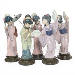 Five Lladro Japanese figures, comprising Oriental Spring no 4988, two Chrysanthemum no. 49...