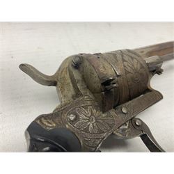 19th century Belgian 7mm pin-fire six-shot revolver with engraved action, folding trigger and ornate grips, ELG proof marks, No.4562 L20cm