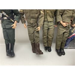 Action Man - five figures marked on the back 'Made in England by Palitoy under licence from Hasbro 1964', one dressed as a German Stormtrooper, one as a Red Devil Pilot and three in army uniform; another similar action figure marked to the right buttock ' G.I. Joe Copyright 1964 by Hasbro Patent Pending Made in Canada' dressed in army uniform; together with an Action Man jeep, field gun, mortar and machine guns and other accessories including helmets and weapons, parachute, diving equipment, skis and snow shoes, boots, uniforms etc; all unboxed