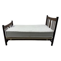 Edwardian inlaid mahogany 3' single bedstead, with headboard, footboard, wooden base and metal side supports; Giltedge 'Astrid 3000' pocket sprung mattress (L190cm, W104cm, D27cm)