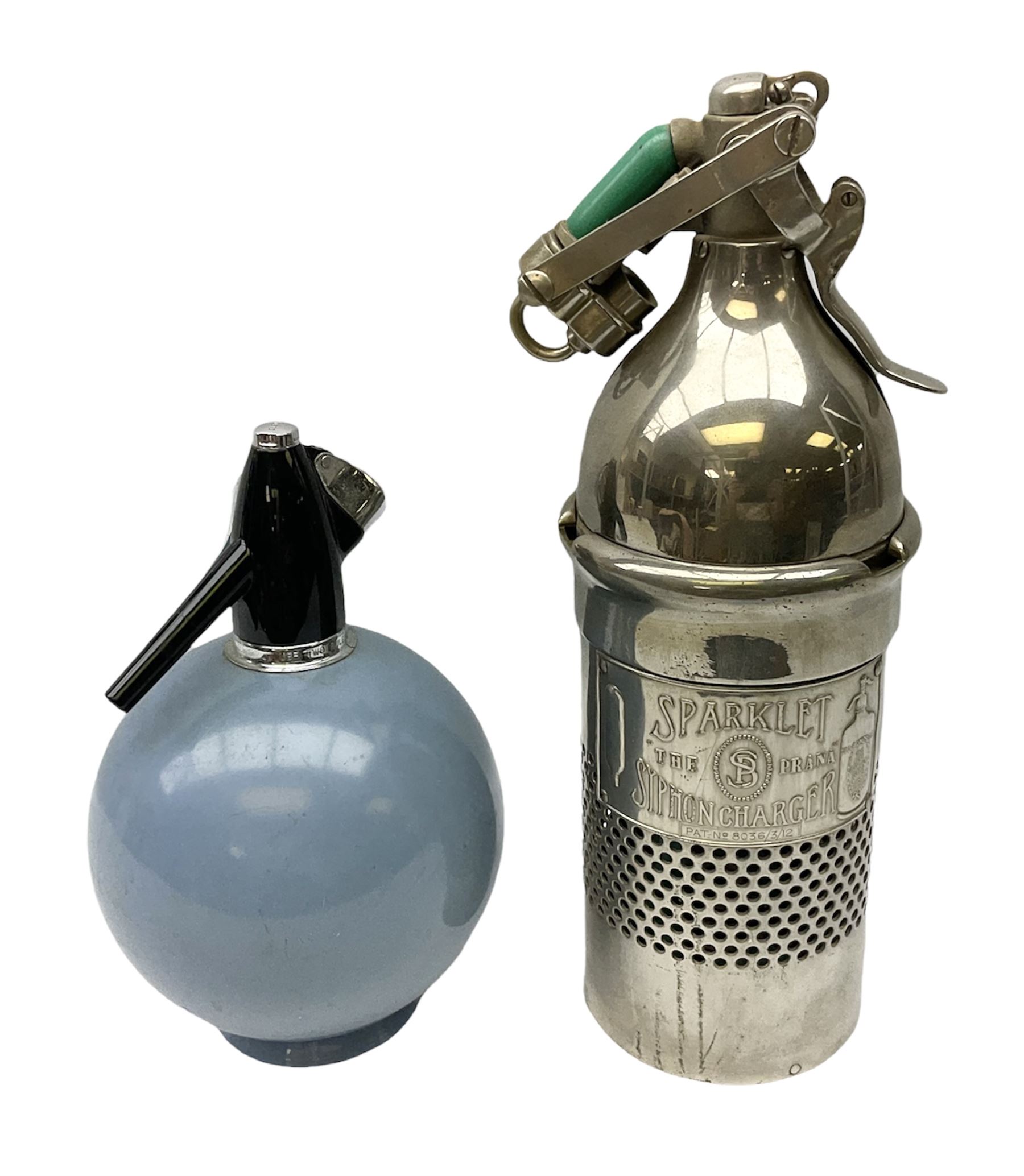 Sparklet 'The Prana' soda siphon charger, together with a Sparklets 'Globemaster' soda siphon in blue, circa 1960-80, tallest H38cm