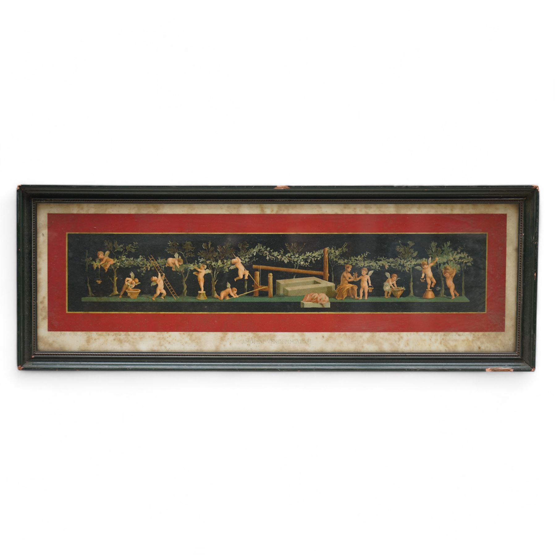 Geramia Discanno (Italian 1839-1907): Pompeii Frescos of Putti and Amorini, set seven 19th century lithographs with hand-colouring pub. 'Pompeii, House of the Vettii, Piccoli Amorini', Italy c.1890 max 18cm x 50cm (7)
Notes: Discanno was an Italian genre and landscape painter, who collaborated with archaeologists, lithographers and art historians to record the wall paintings in the Roman ruins of Pompeii and Herculaneum that were being excavated at the time.